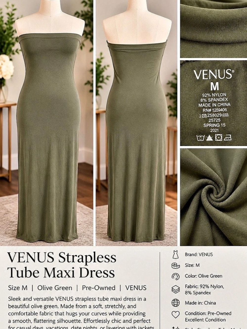 VENUS Strapless Tube Maxi Dress in Green Size Medium